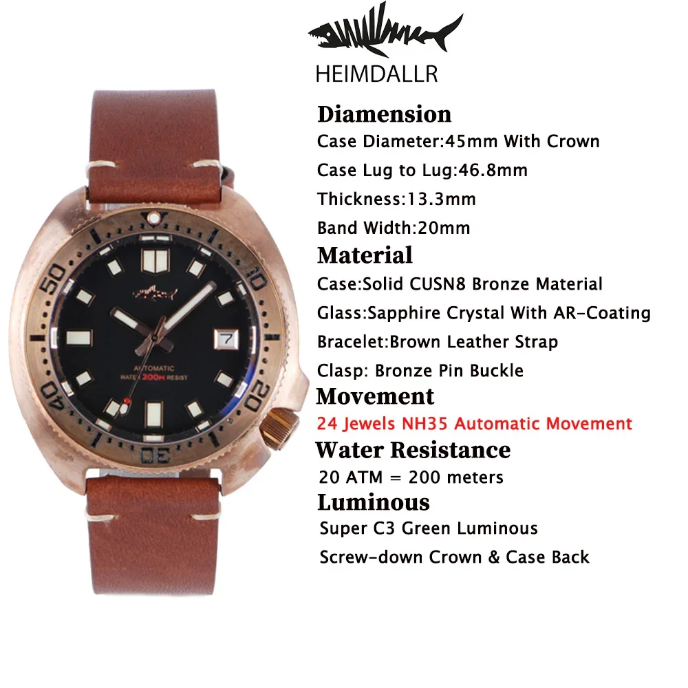 Heimdallr 6105 Watch CUSN8 Bronze 45mm Sapphire Crystal NH35 Automatic Mechanical Watch 20Bar Water Resistant C3 Super Luminous