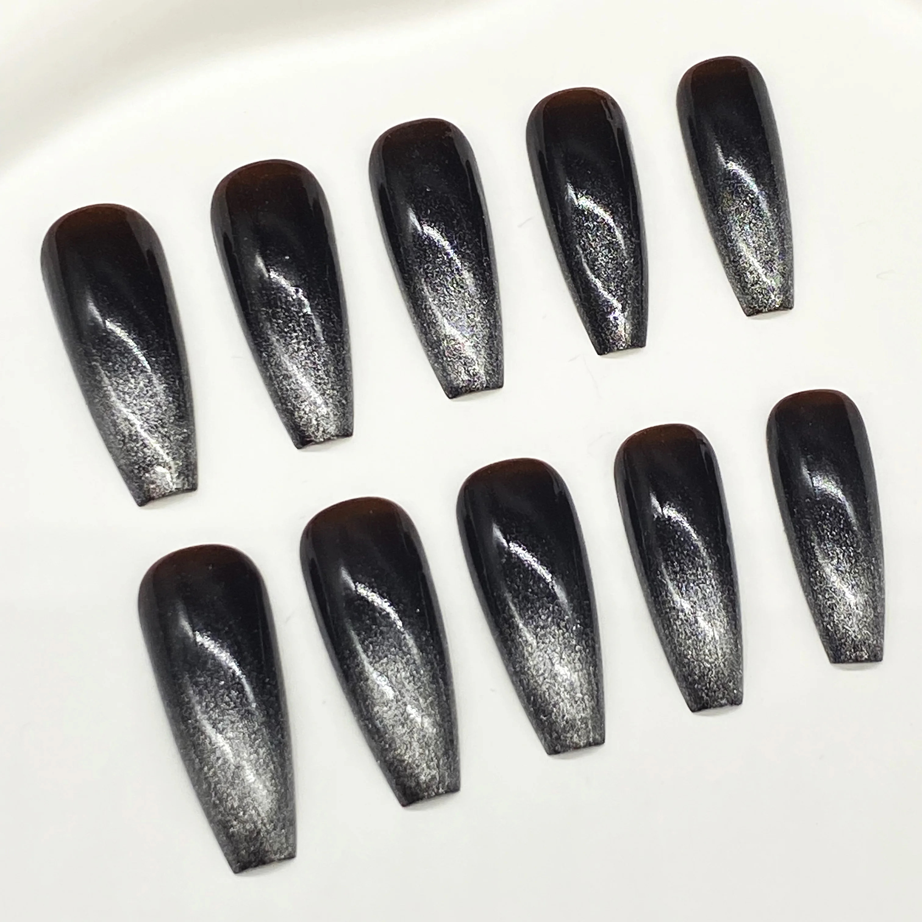 24pcs Cat Eye False Nail Deep coffee Color Fake Nail Tips Full Cover Nail Art Long Coffin Ballet Press on Nail Manicure Nail Tip