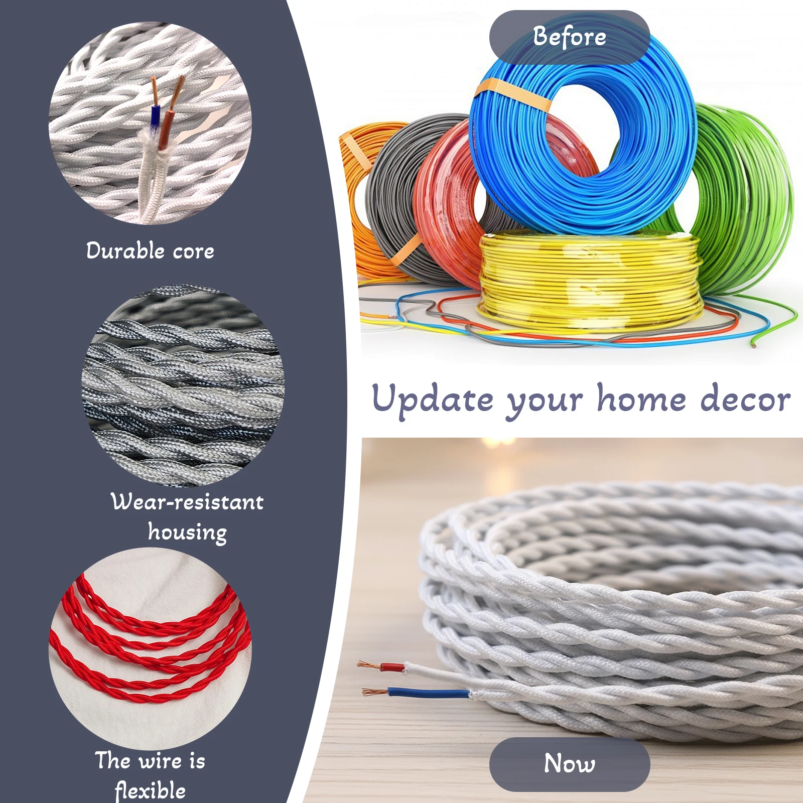 12 Meter Flexible Textile Twisted Lamp Cable, Retro Decor Power Cord for Home Wall Geometric Light & Small Appliance Refit