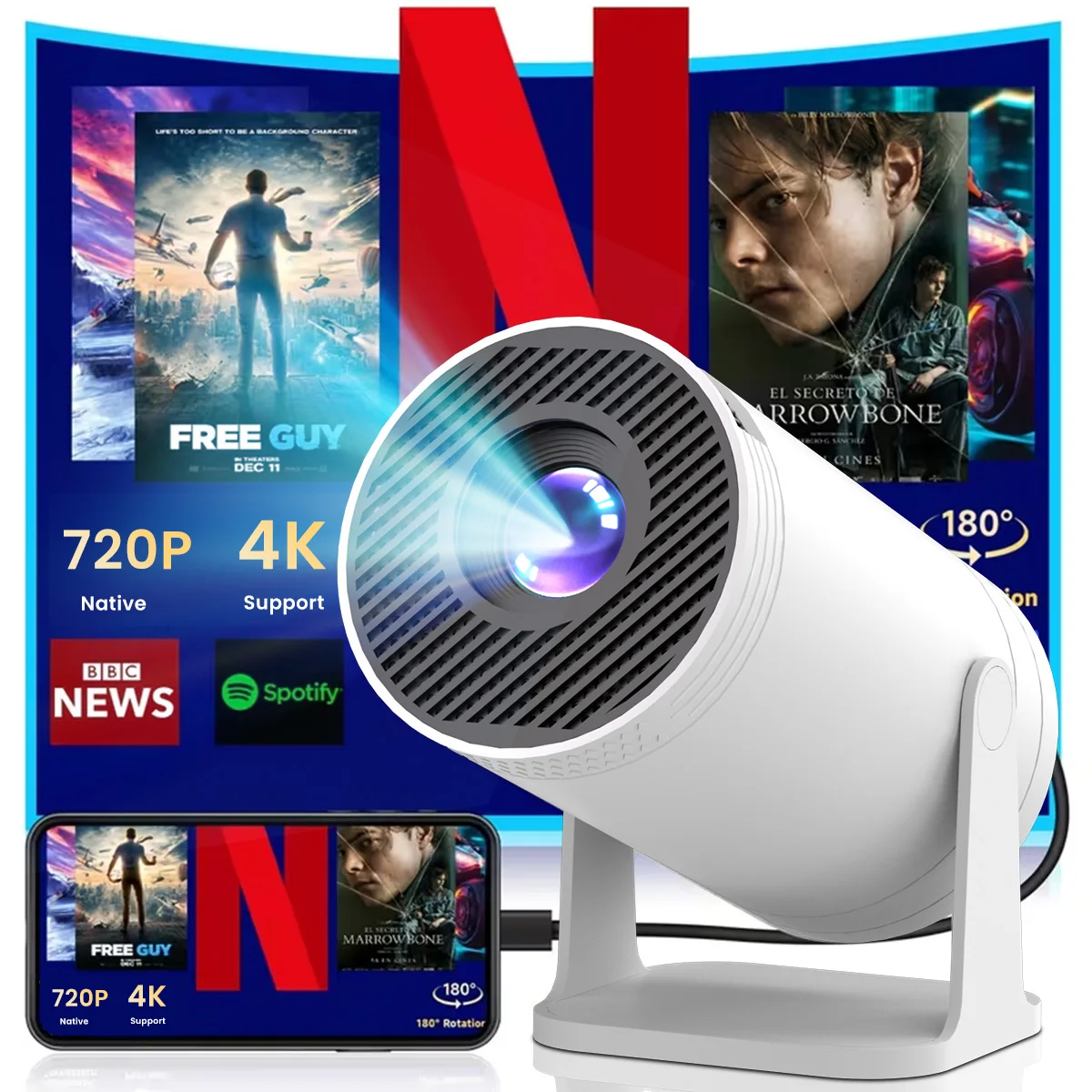 HD Smart Projector Built in Speaker 1280*720P Keystone Correction Supports 180° Rotatable 4K WiFi Home Theater Outdoor Portable