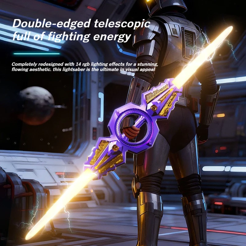 Light Up Double‑Edged Rotating Retractable Lightsaber Cool LED Glowing Sword Toy with USB Charging Kids Adults Birthday Gift