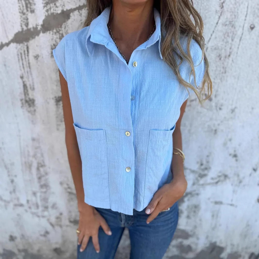 2025 новые модные американские европейские летние женские однотонные однобортные рубашки из хлопка и льна с отложным воротником без рукавов