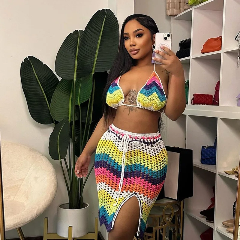 

Crochet Color Patchwork Two Piece Skirt Set Bra Crop Top Split Skirts 2 Piece Set Swimming Beach Style Knitted Suit Summer 2023