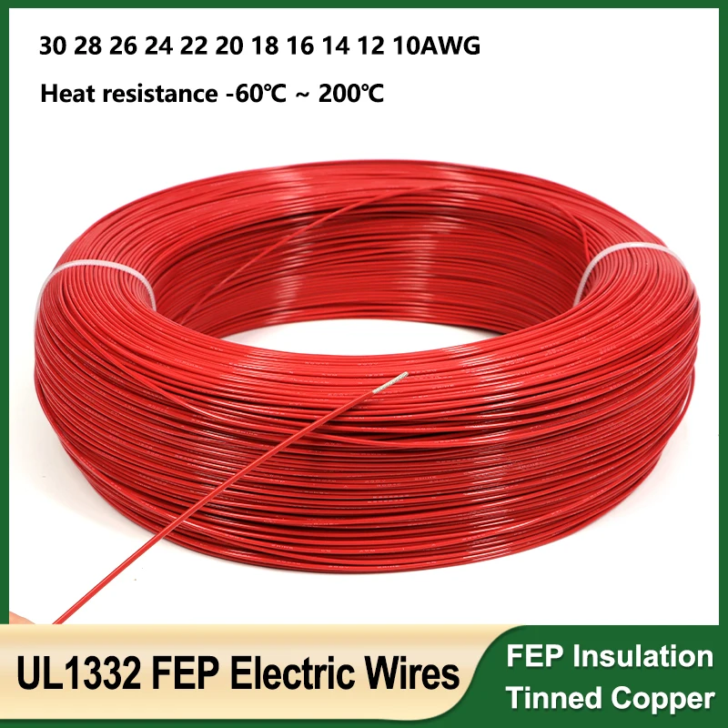 1m ~ 100m Red UL1332 PTFE Electric Wire 30 28 26 24 22 20 18 16 14 13 12 10AWG FEP Insulated Tinned Copper Cable for 3D Printer