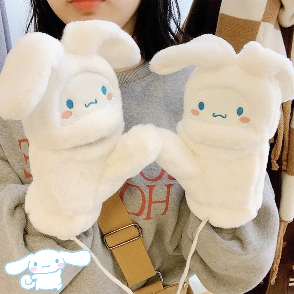 Kawaii Cinnamoroll Pluche Flip Handschoenen Sanrios Hello Kitty Winter Warm Cartoon Cartoon Half Vinger Zacht Dikker Meisje Student Gift