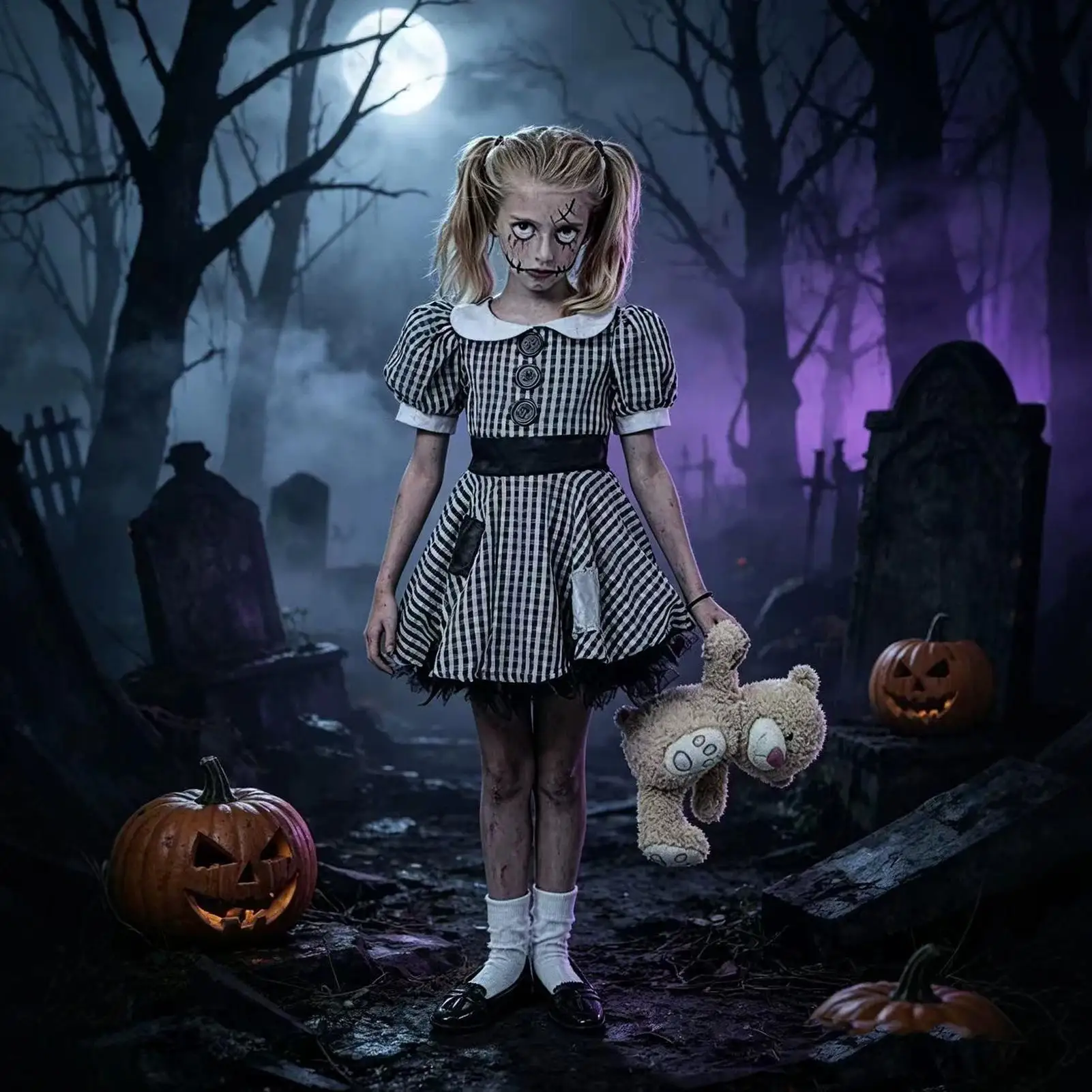 Creepy Doll Costume for Kids Spooky Dress Up Party Outfit Kids Scary Halloween Cracked Dolls Costumes for Party Cosplay Stage