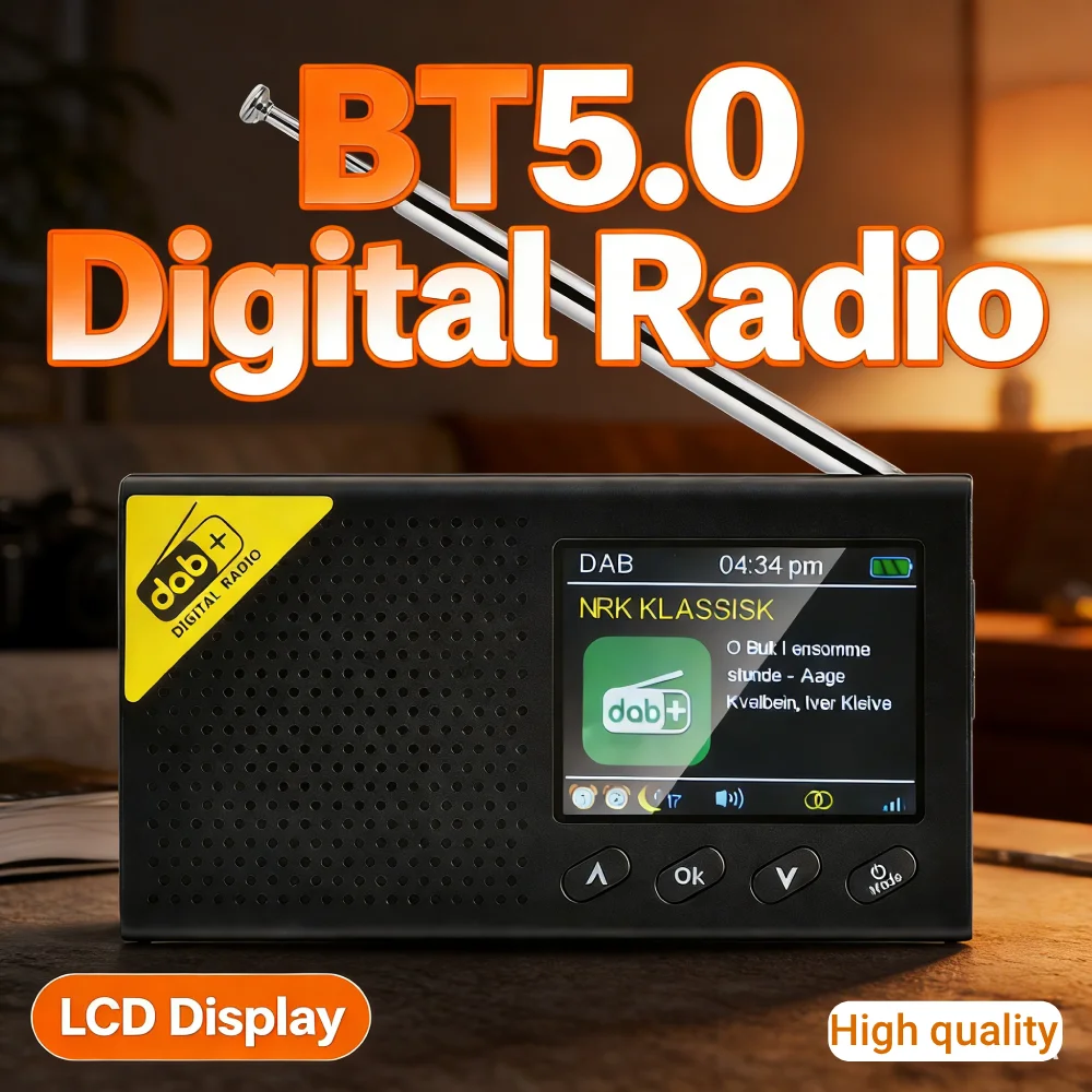 

2,4-дюймовый ЖК-дисплей, Bluetooth 5.0, цифровое радио, DAB FM-приемник, стерео, аккумулятор 1200 мАч, стерео DAB FM-аудио для дома и офиса