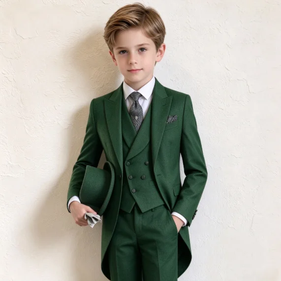 Boy's 3 Piece Slim Fit Tailcoat Suit Long Tail Tuxedos with Double Breasted Vest And Pants for Wedding Banquet Party