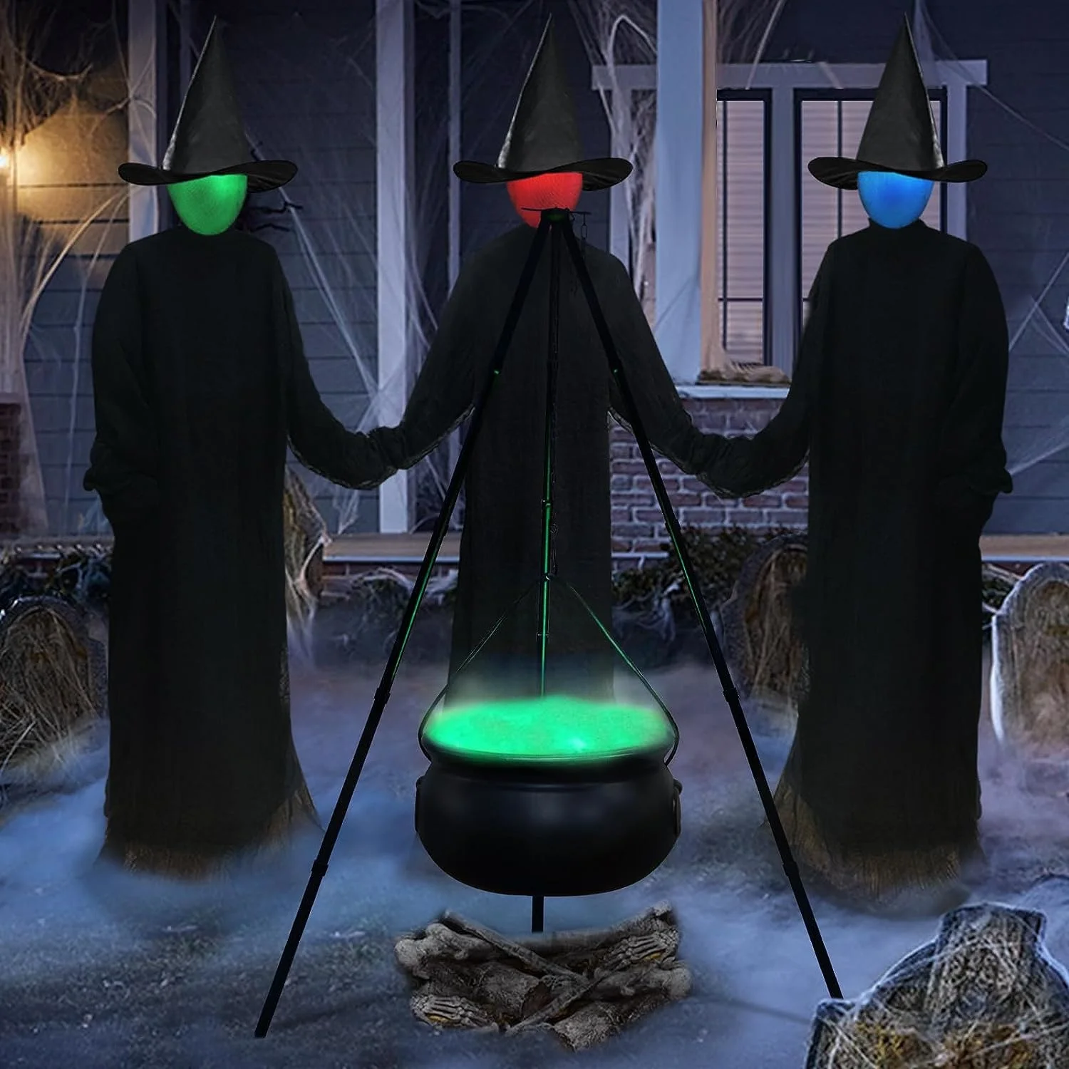 Halloween Outdoor Witch Cauldron on Large Tripod with LED Lights Black Plastic Bowl Hocus Party Festival Artificial Decor