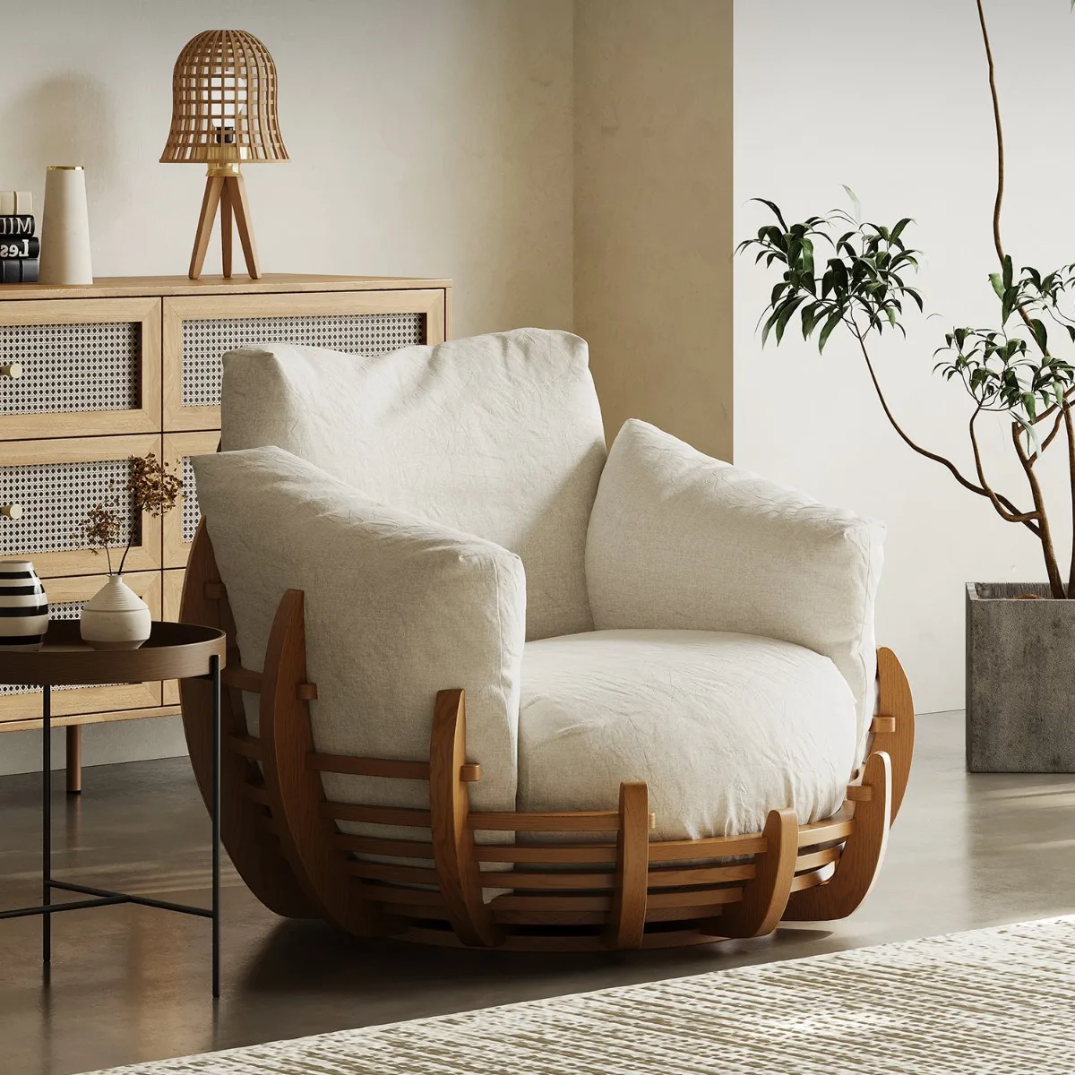 Italian minimalist sofa chair wabi-sabi wind removable and washable linen down lazy rotatable single leisure chair