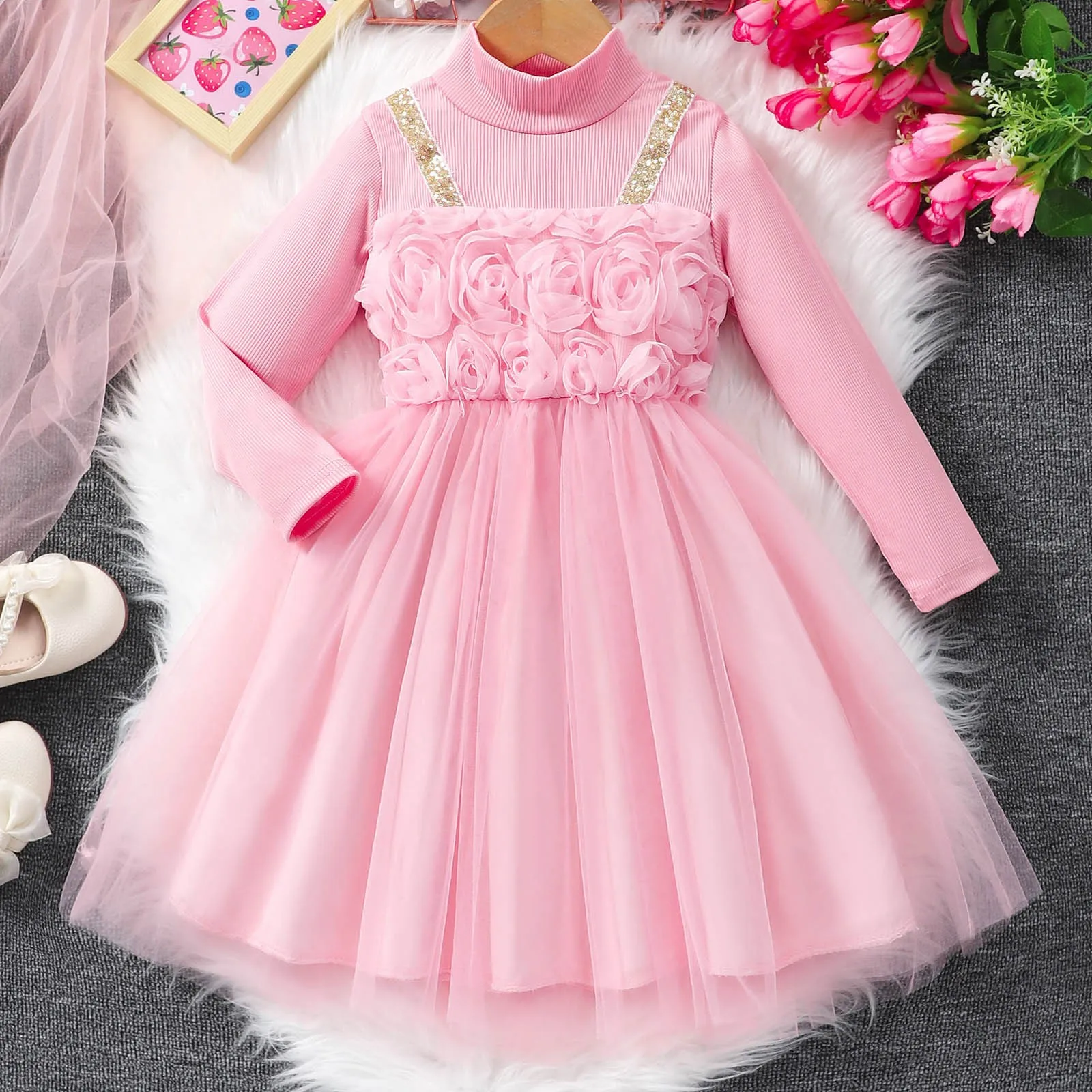 New Tutu Dress Kids Girl Clothes 2-3 Yrs Fall Winter Pink Long Sleeve Children Dresses Floral Fashion Baby Girl Princess Dress