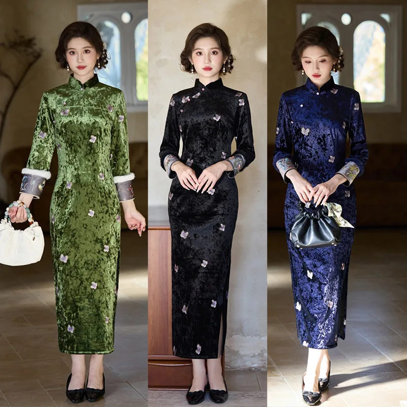 

Velvet Thickened Chinese Style Long Sleeve Cheongsam 2025 New Women Old Shanghai Autumn/Winter Cheongsam Qipao