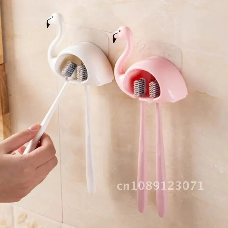 

Toothbrush Holder Sucker Flamingo Shaped Bathroom Accessories 2 Position 1Pcs Cute Wall Mount Toothbrush Rack Organizer