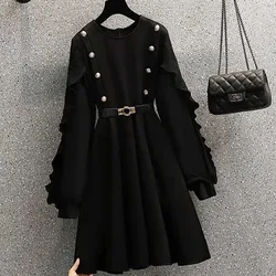 Sweet O-Neck Button Sashes Butterfly Sleeve Midi Dress Female Clothing 2023 Autumn Winter Loose Solid Color Casual Dresses