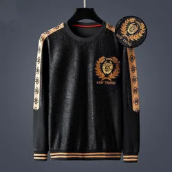 new pattern dark jacquard round neck long sleeve sweater male splicing webbing big size Korean version men's T-shirt tide