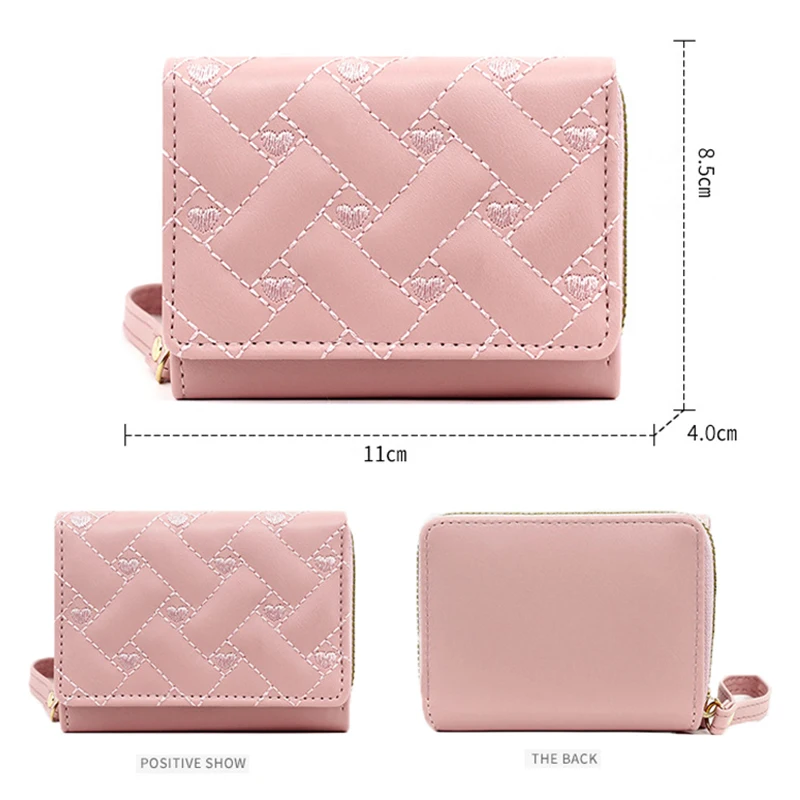 Embroidered Heart Pattern Coin Purse Women PU Short Wallet With Multi-card Position Lady Solid Color Tri-fold Zipper Money Bag