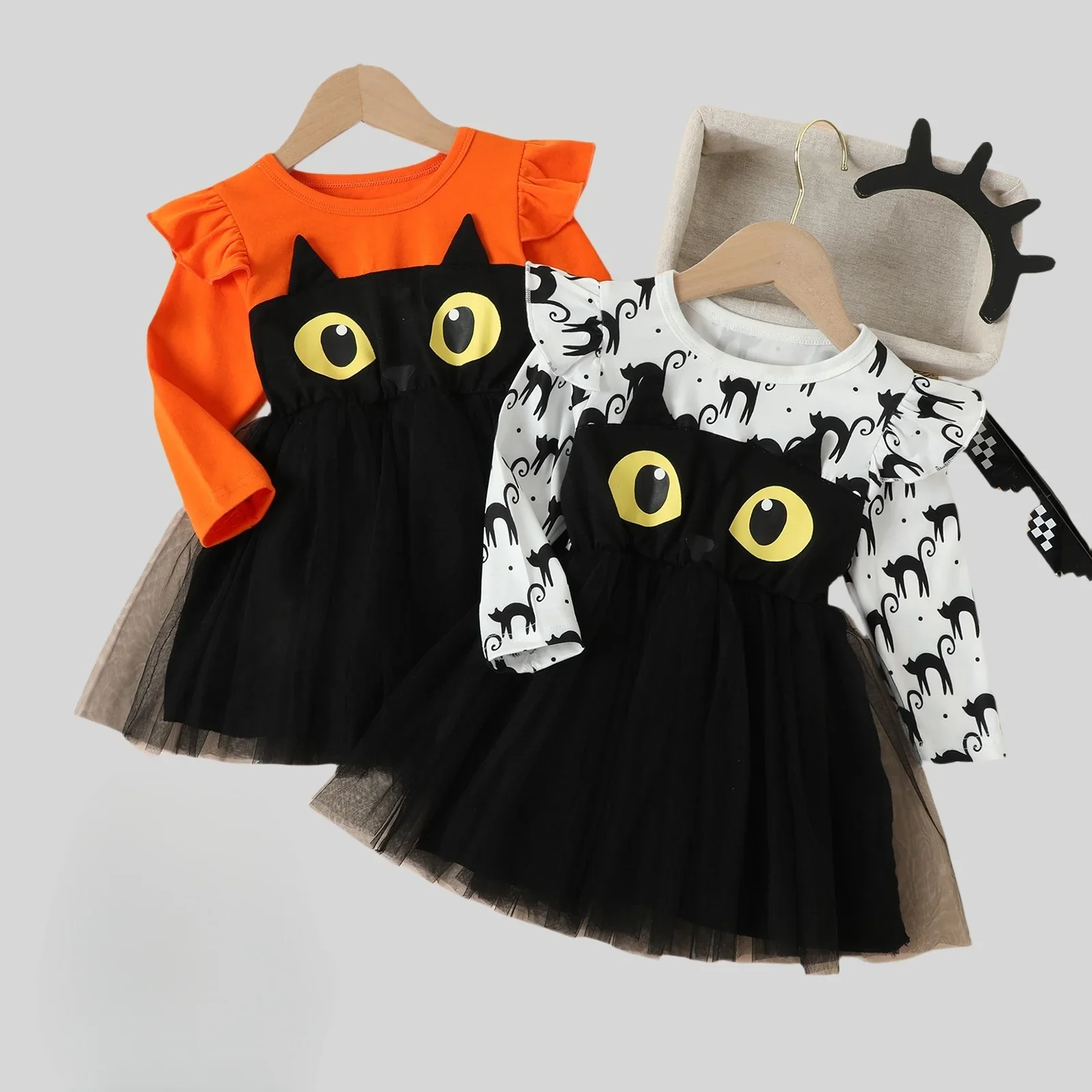 

Halloween Kids Dress Girls Autumn Long Sleeve Cotton Cartoon Cat Print Tulle Skirt European American Style Party Costume