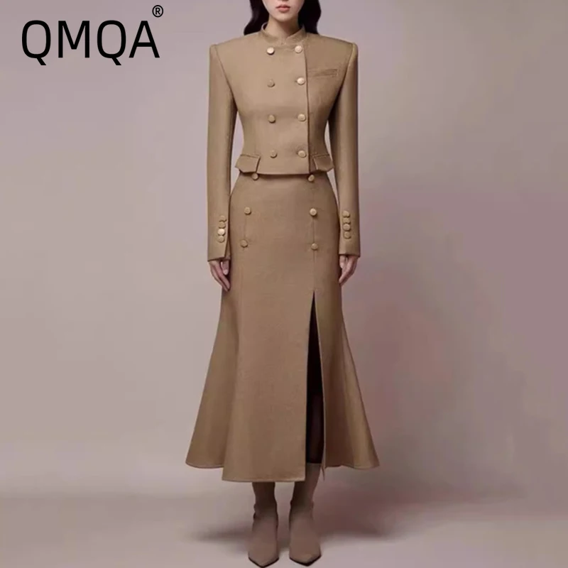 QMQA Fashion Women's 2 Pcs Set O-neck Long Sleeve Double Breasted Short Tops High Waist Split Skirt Elegant Sets Autumn 1A612