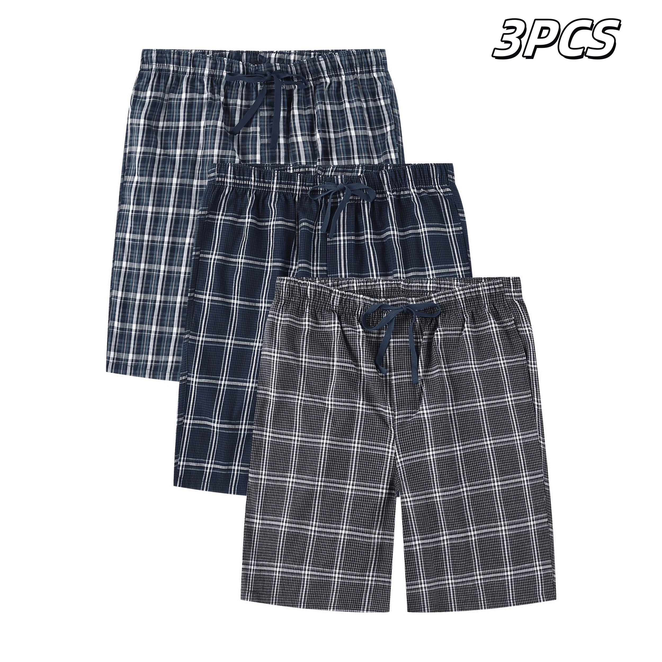 3pcs Mens Summer Pajama Shorts Soft Cotton Plaid Sleep Shorts for Men Loung Pajama Pants Sets with Pockets Drawstring