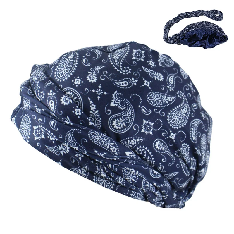 Styl boho tureckie wzory chusta na głowę Turban dla mężczyzn pościel satynowa rozciągliwa chustka Durag męski Hip Hop opaska na głowę rowerzysta