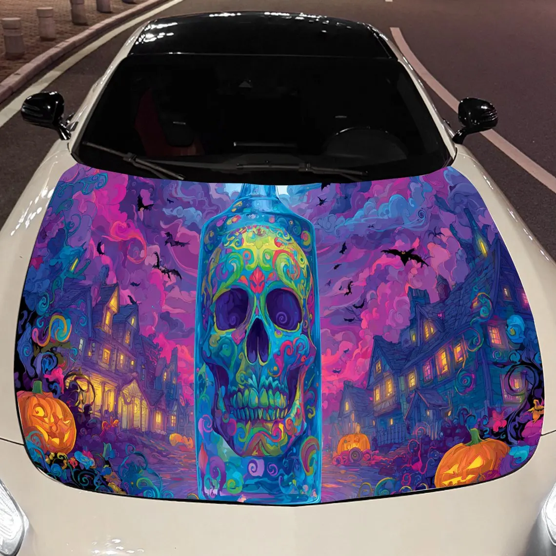 

Colorful Sugar Skull Halloween Car Engine Hood Sticker, Auto Vinyl Wraps, Waterproof Self-adhesive Vehicle Decal, Durable & Anti