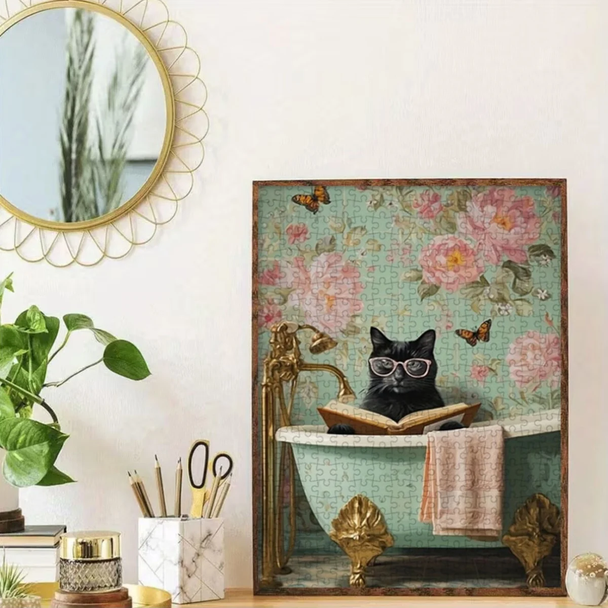 Rompecabezas de papel de 1000 piezas |   Lindo gato negro que lee en la bañera, fondo floral, rompecabezas para adultos de diversión familiar, 27,56 x 19,69 pulgadas,