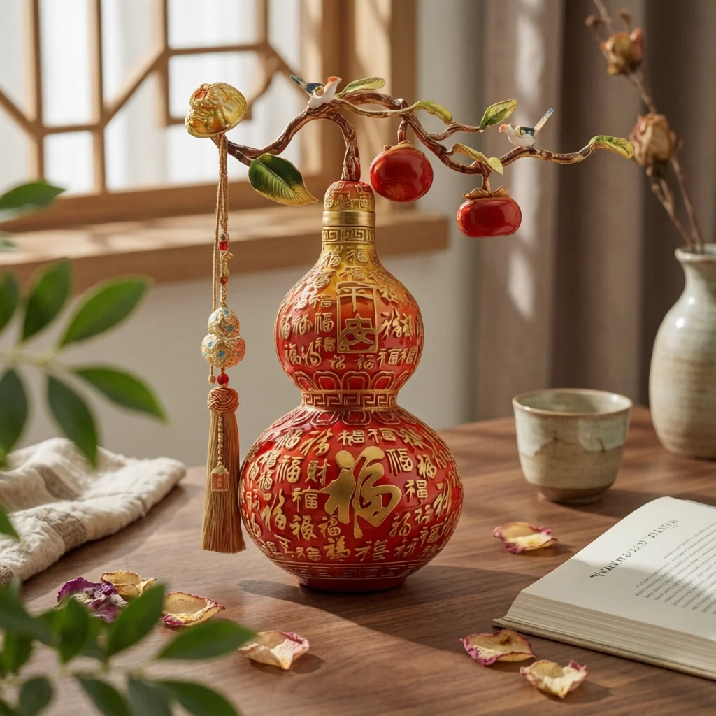 Double Gourd Ornament Raised Motifs Fu Symbol Ornament Chinese Gourd Decor Wooden Base Decorative Item Easy to Clean