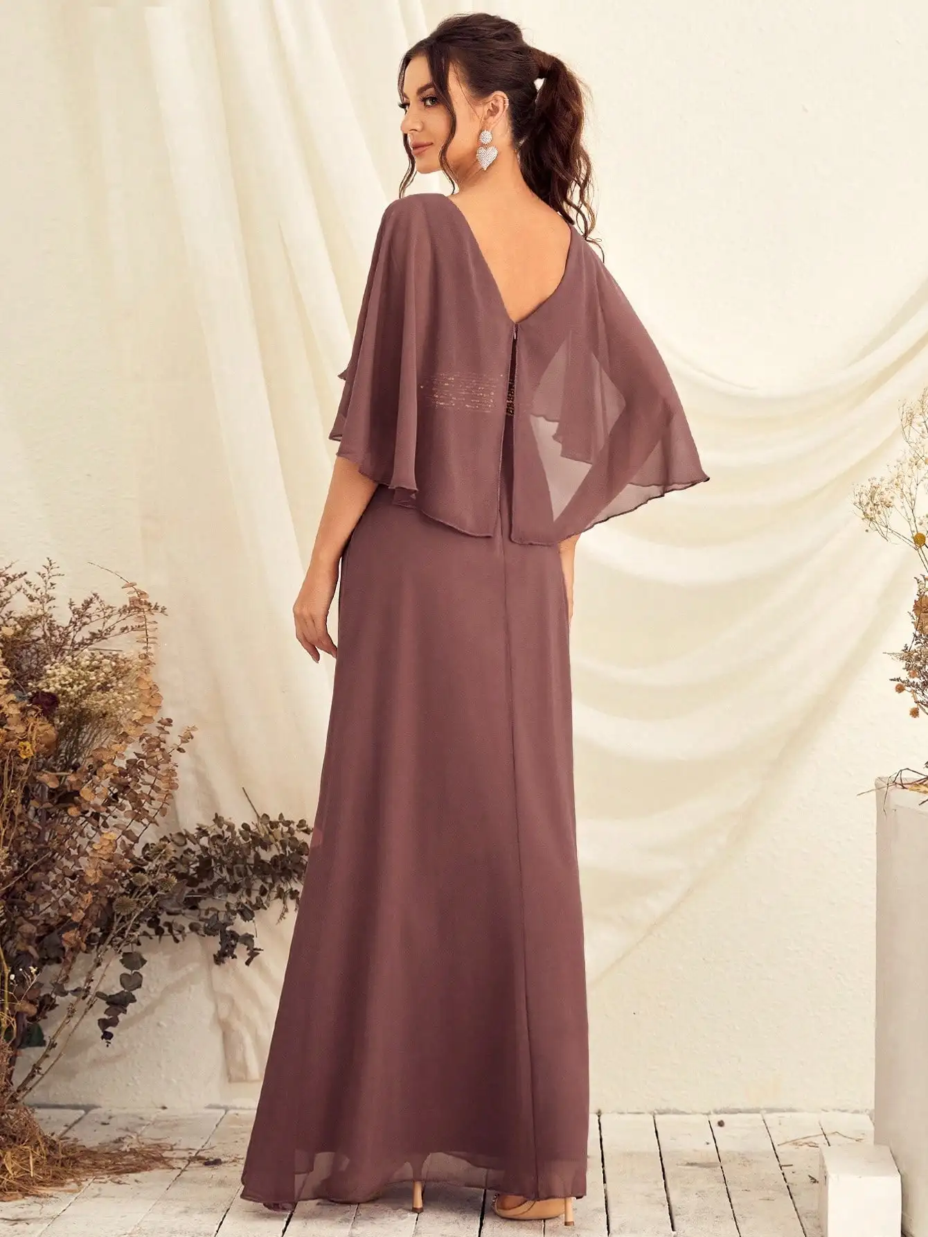 Unithorse Contrast Sequin Butterfly Sleeve Chiffon Bridesmaid Dress