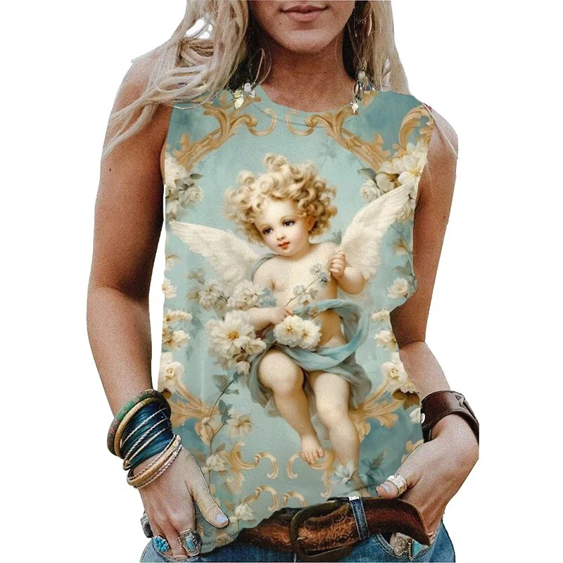 Moda verão anjo impressão 3d regata feminina streetwear casual oversized o-pescoço colete fora do ombro sem mangas mulher camisola