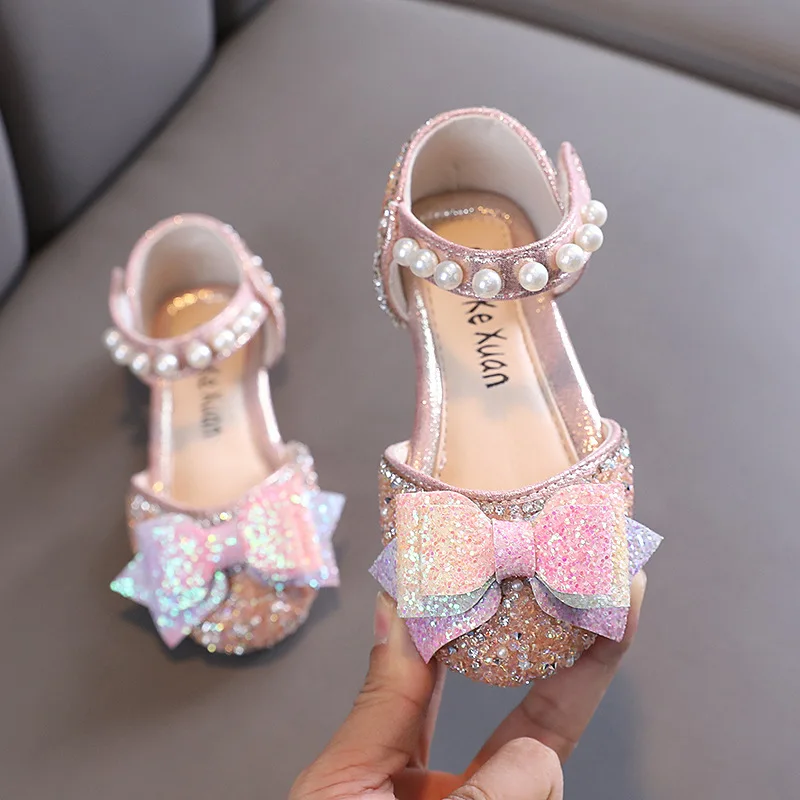 Sandalias de princesa con diamantes de imitación para niña, sandalias con lazo de lentejuelas, zapatos de bebé, zapatos de baile para Fiesta