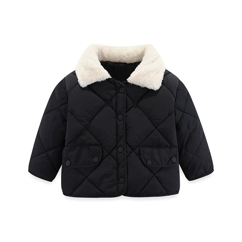 Lattice Rabbit Fur Collar Coat Thick Cotton Jacket Boys Girls Baby Black Warm Overcoat Kids Winter Outdoors Casual Clothes 1-6 Y