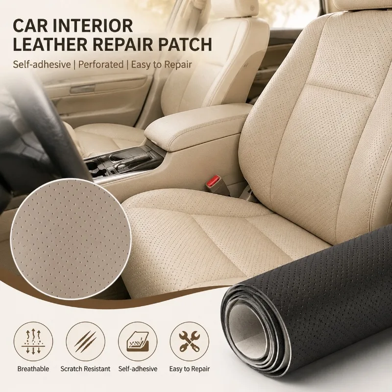 Self-Adhesive Perforated Leather Repair Patch, Breathable Strong Sticky Faux Leather Sheet for Car Seat Sofa Furniture Repair