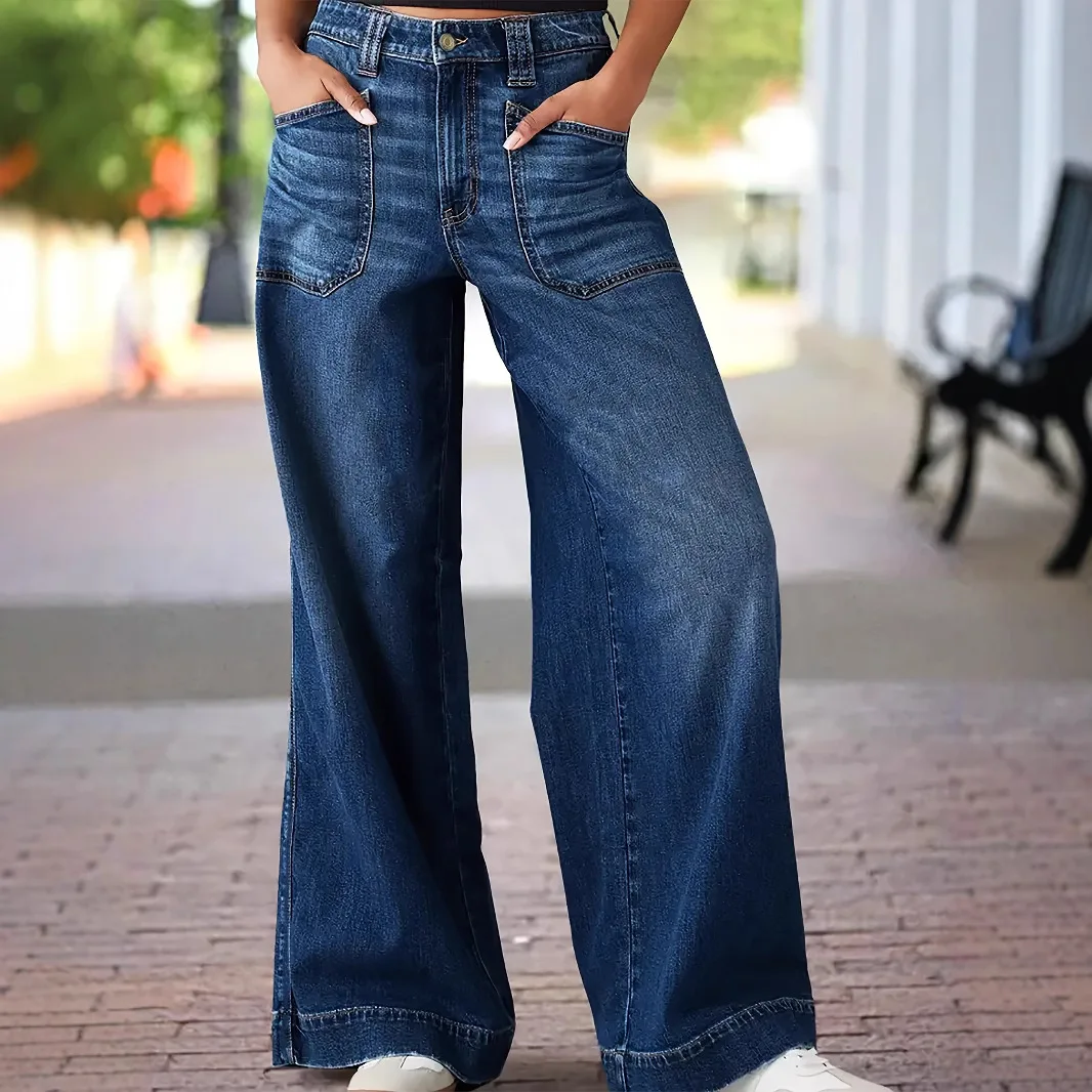 

Europe and America New Loose Wide-leg Jeans. Women's Four Seasons Fashionable Stretch Patchwork Straight-leg Floor-length Jeans