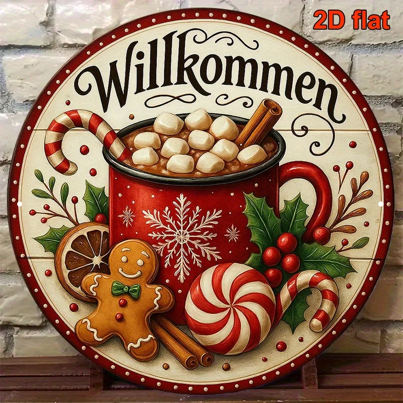 2D Flat, 1pc Extra Large German Welcome Sign - Vintage German Decor with Gingerbread, Chocolate Cups, and Candy Canes - Heavy-Du