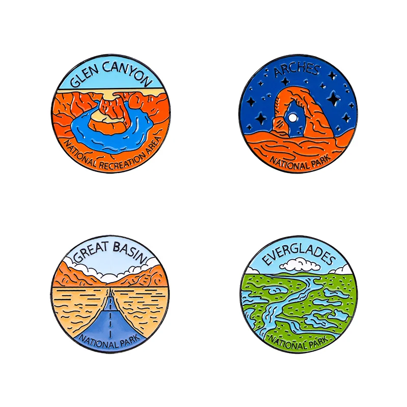 Broches redondos creativos de la colección del Parque Nacional, pines de esmalte Everglades de la gran cuenca de los arcos del cañón de la película para la joyería de la mochila