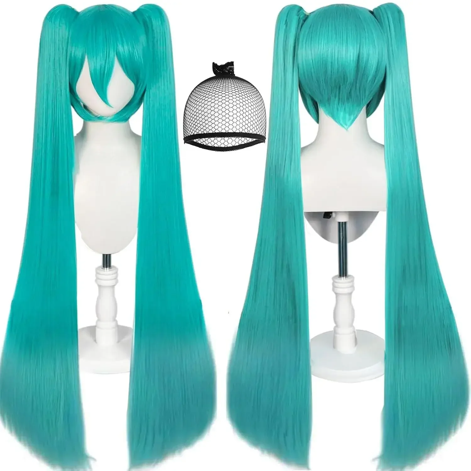

2026 Long Green Wig with 2 Ponytails for Women Long Straight Wigs with Bangs for Cosplay Wig for Halloween Party