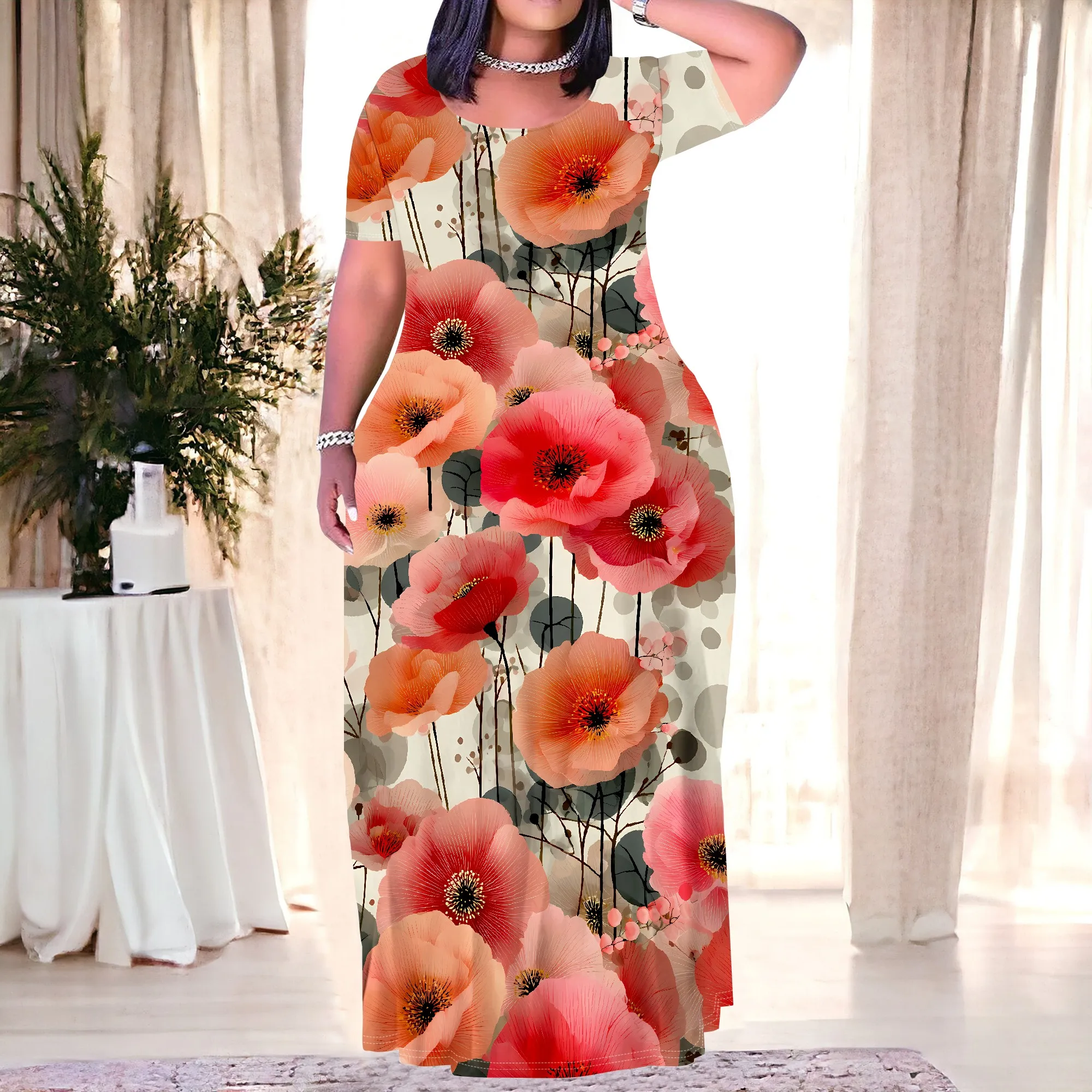 

Plus Size Floral Print Elegant Maxi Dress Women's Summer Beach Party Long Dress