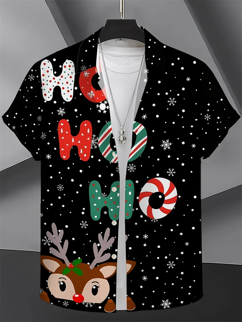 Christmas Graphic Santa Claus Man Shirts Hawaiian Harajuku Tops Short Print Tee Lapel Fashion Holiday Oversized Clothes Y2k Tops