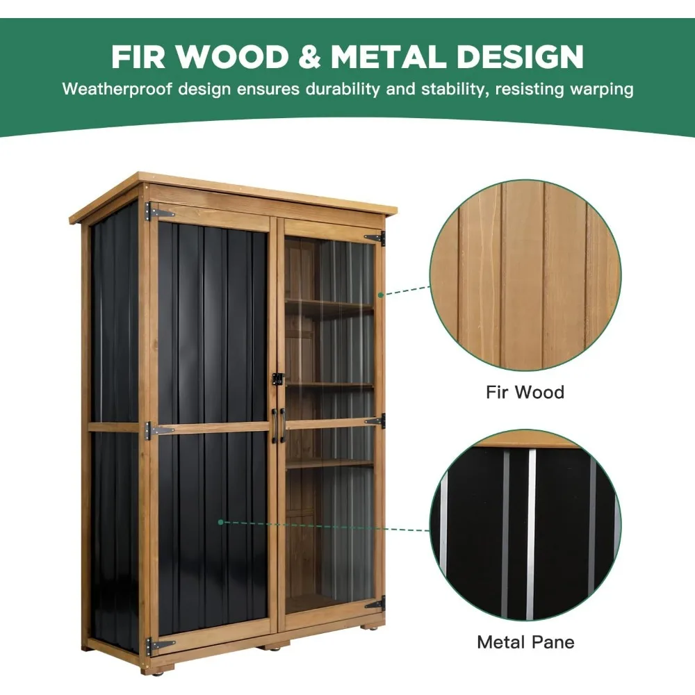 سقيفة تخزين خارجية من الخشب والمعدن مقاومة للعوامل الجوية مع أبواب مزدوجة قابلة للقفل، وأرفف قابلة للإزالة وقابلة للتعديل