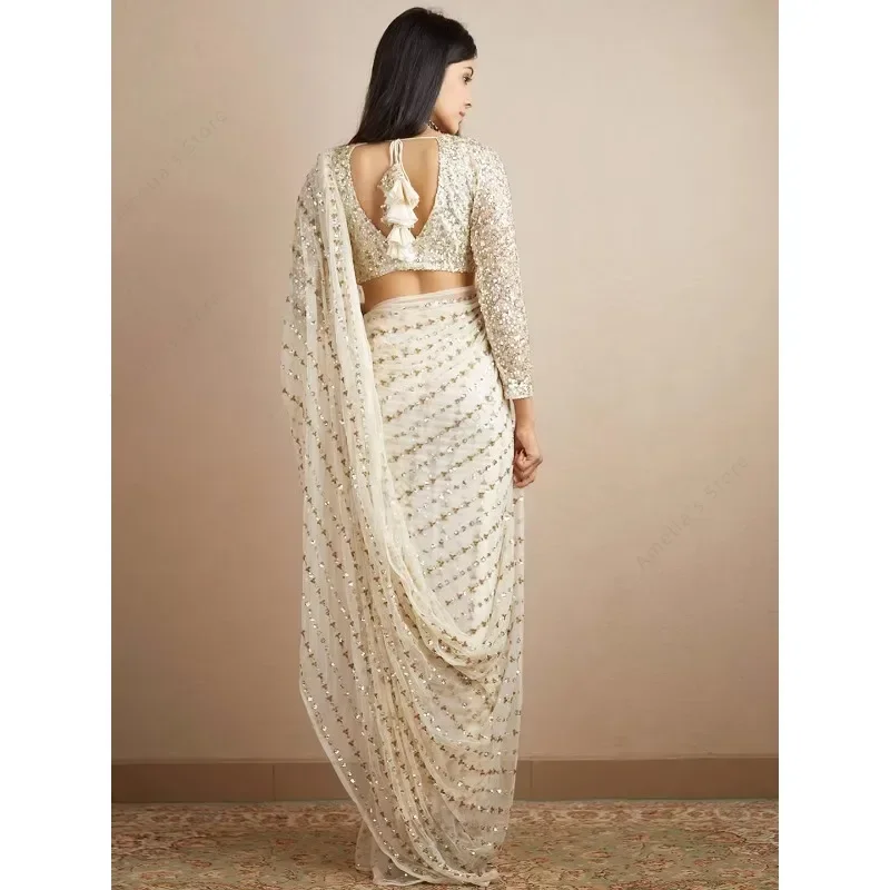 ساري هندي تقليدي للنساء زي رقص عرقي مطرز أداء بوليوود ساري مرحلة الزي فستان الهند بدون قطع علوية