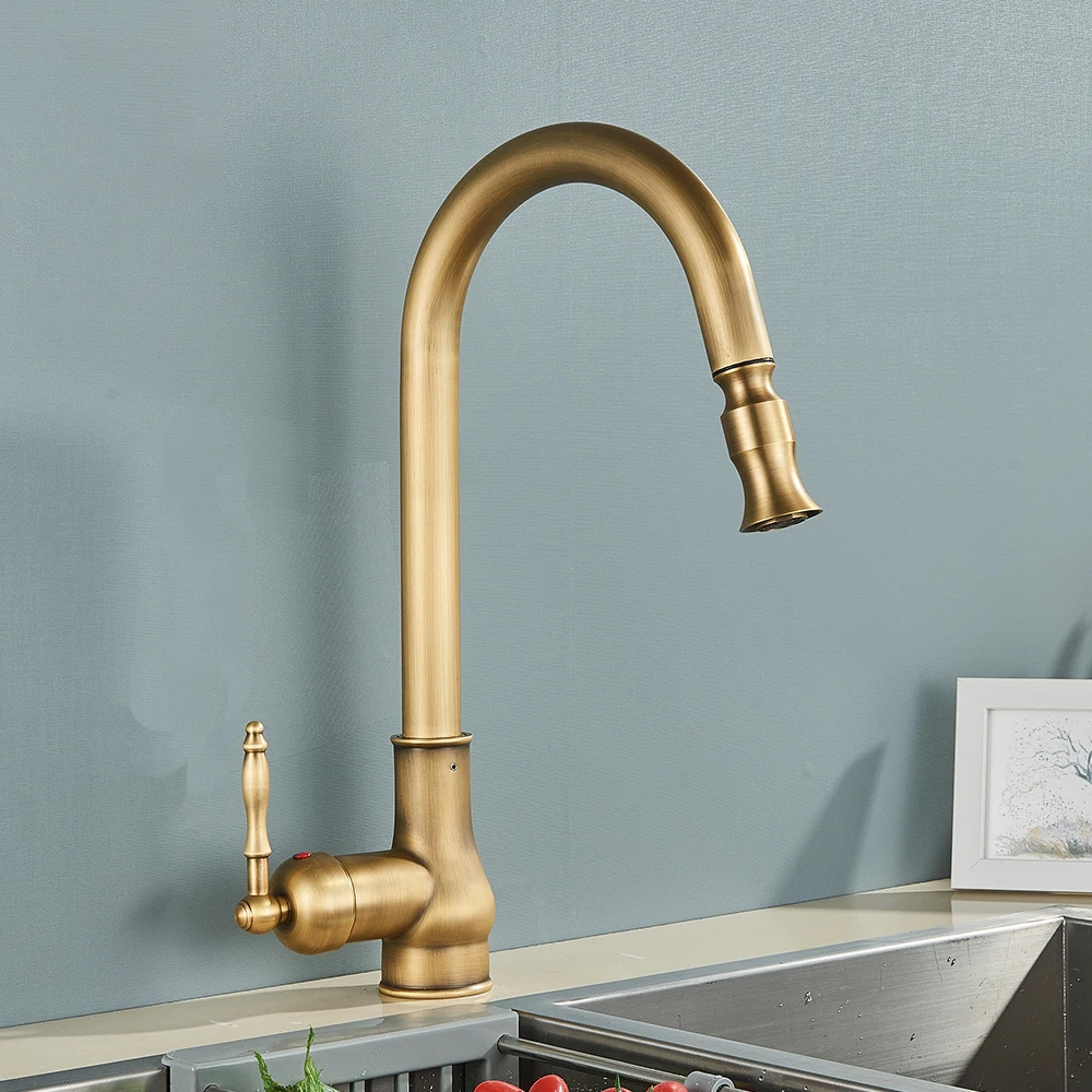 Antique Brass Pull Out Kitchen Basin Faucet Hot & Cold Water Single Handle Mixer Crane Rotation Kitchen Mixing Tap sink Taps