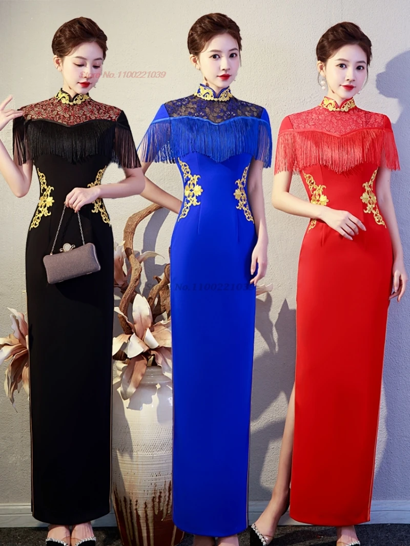 

2025 chinese improved qipao national flower embroidery tassels cheongsam formal qipao oriental banquet evening dress vestido