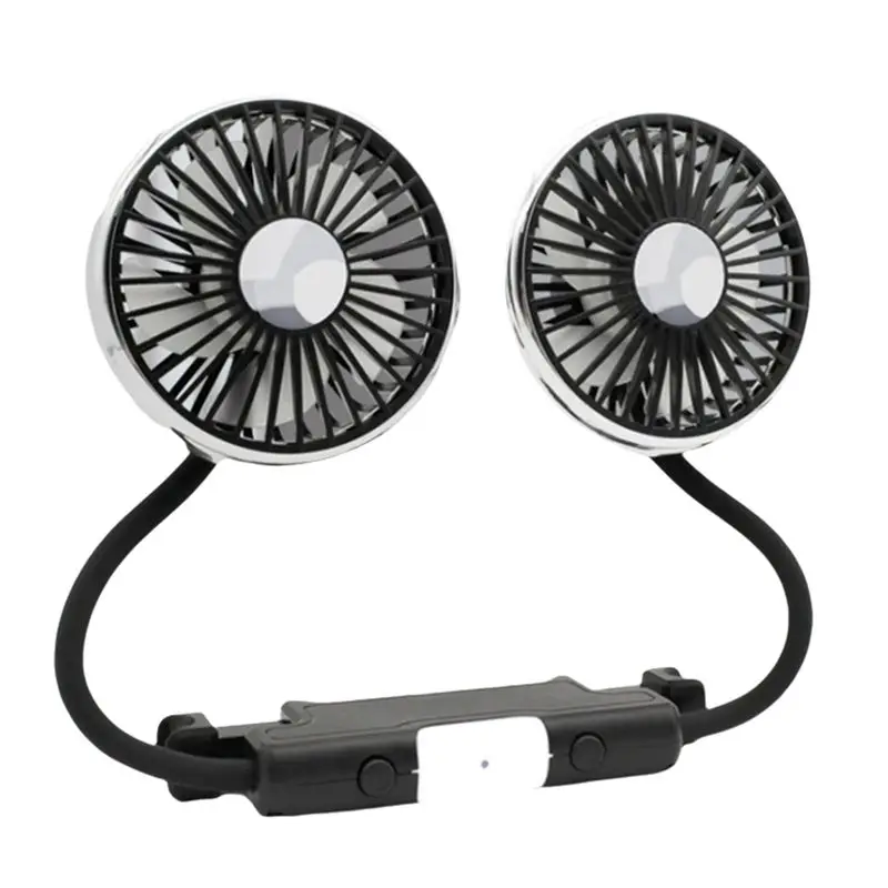 A76T-LED Light 360° Adjustable Car Fan With USB Dual Head Cooling Air Fan 3-Speed Auto Headrest Fan For Rear Seat