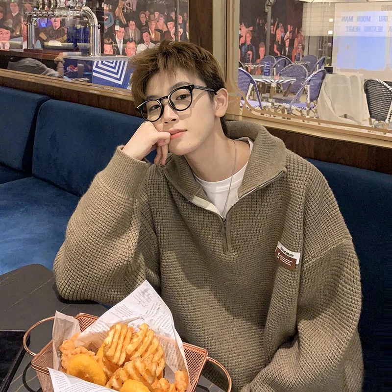 

Мужской зимний свитер оверсайз с молнией, вязаный, в корейском стиле, с высоким воротником, цвет кофе, премиум-класса