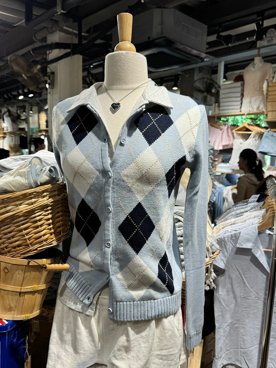 

Тонкий вязаный кардиган в нерегулярную клетку, женский осенний однобортный свитер с круглым вырезом в консервативном стиле, повседневный трикотаж с длинными рукавами