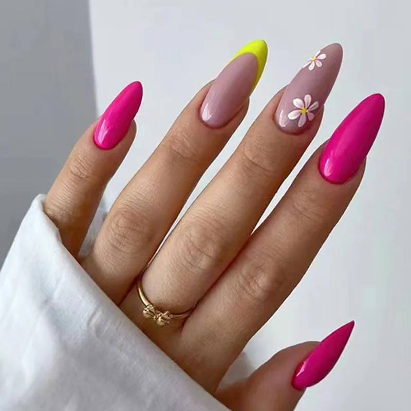 Unhas postiças de amêndoa floral verão, Pressione as unhas Vide, Cola de ponta de unha falsa destacável, Roxo com Design Gel Manicure, Caixa de embalagem