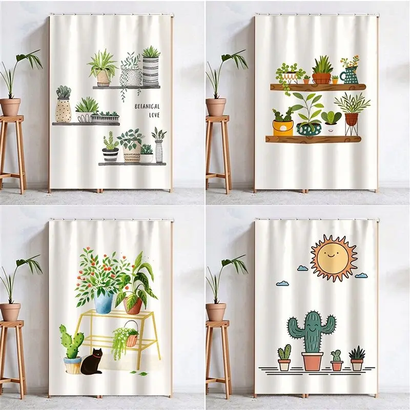 VIKAMA Plant Cabinet Door Curtain Cactus Succulent Green Print Furniture Dust Cover No Pole 2D Flat Print Machine Washable