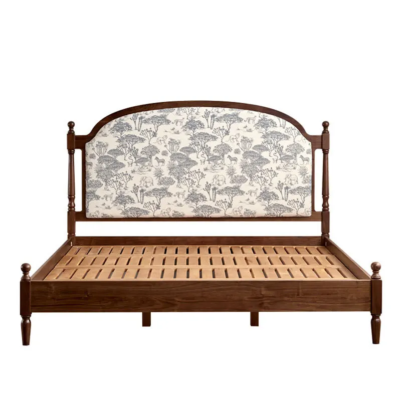 

North American black walnut, solid wood, retro garden soft bag bed, bedroom small apartment simple double bed