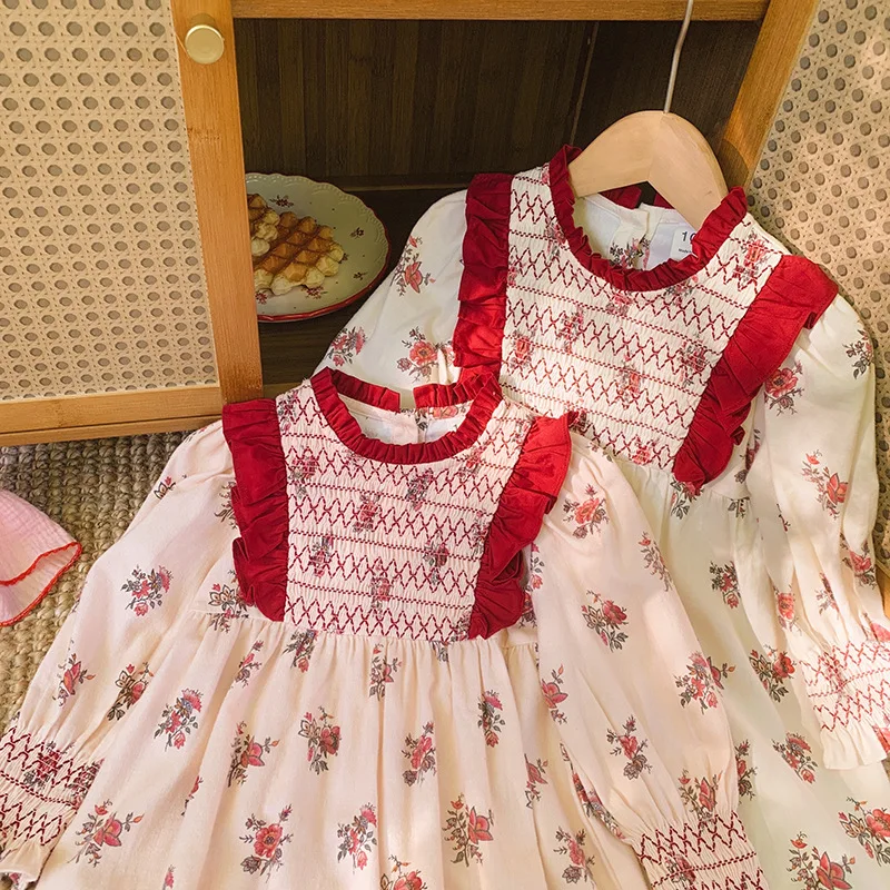 Girls' Spring and Autumn New French Retro Small Floral Ruffled Long Sleeve Pure Cotton Contrast Color Princess Dress