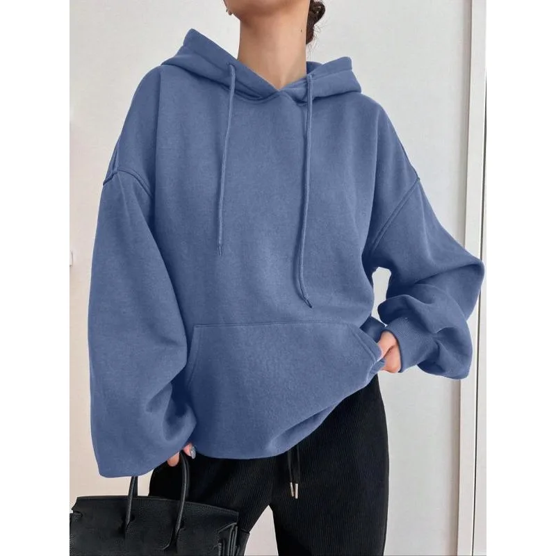 Plus Size 1XL-5XL New Trendy Retro Women's Sweatirt Solid Color Casual Long Sleeved Pullover Hoodie ﻿